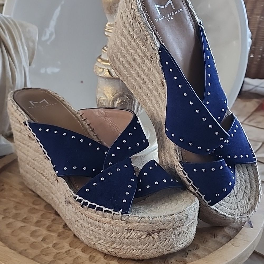 Espadrille Dark Navy 'Angelina' Blue Suede Espadrille Wedge 7.5 Silver Stud